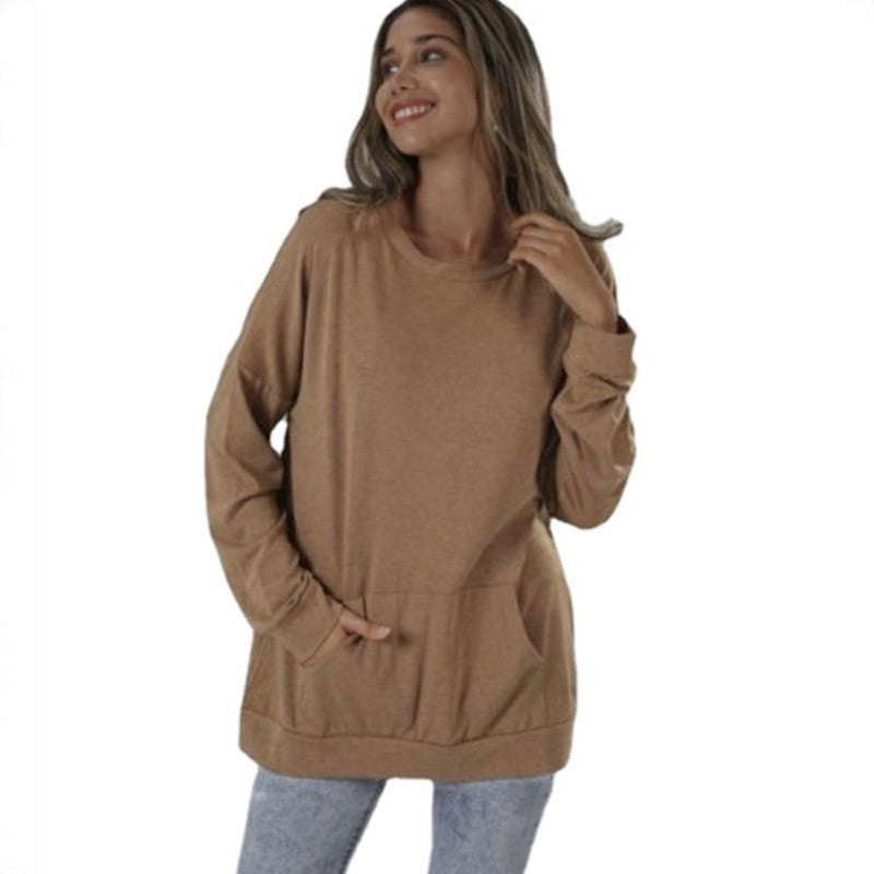 Women's Round Neck Loose Pocket Long Sleeve Tops