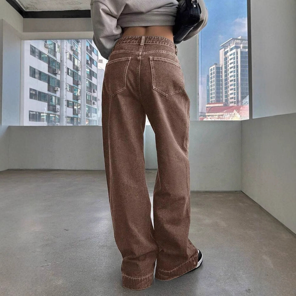 Women's High Waist Straight Coffee Color Washed Jeans