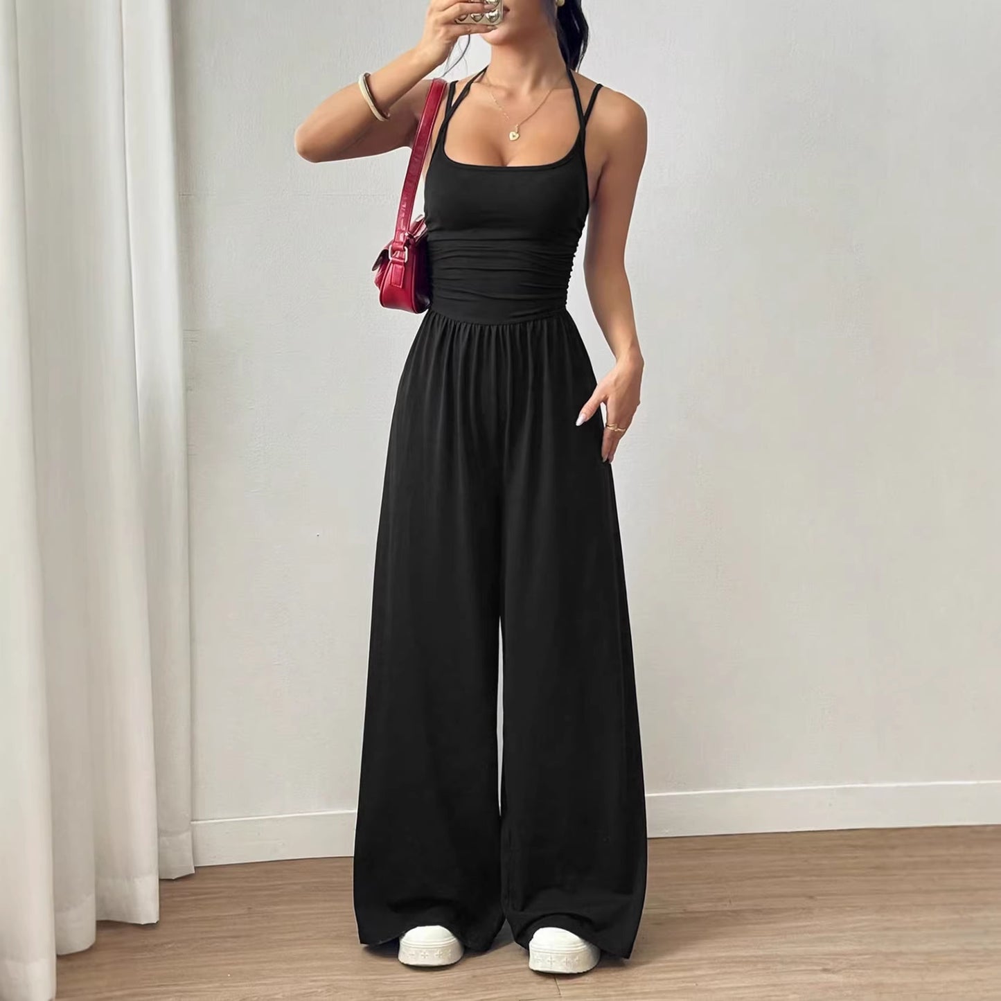 Women's Solid Color Fashion Casual Suspender Wide Leg Loose Women's Jumpsuit/clothing