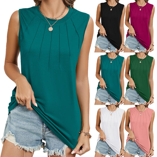 Women's Summer Solid Color Round Neck Sleeveless Loose Women's T-shirt