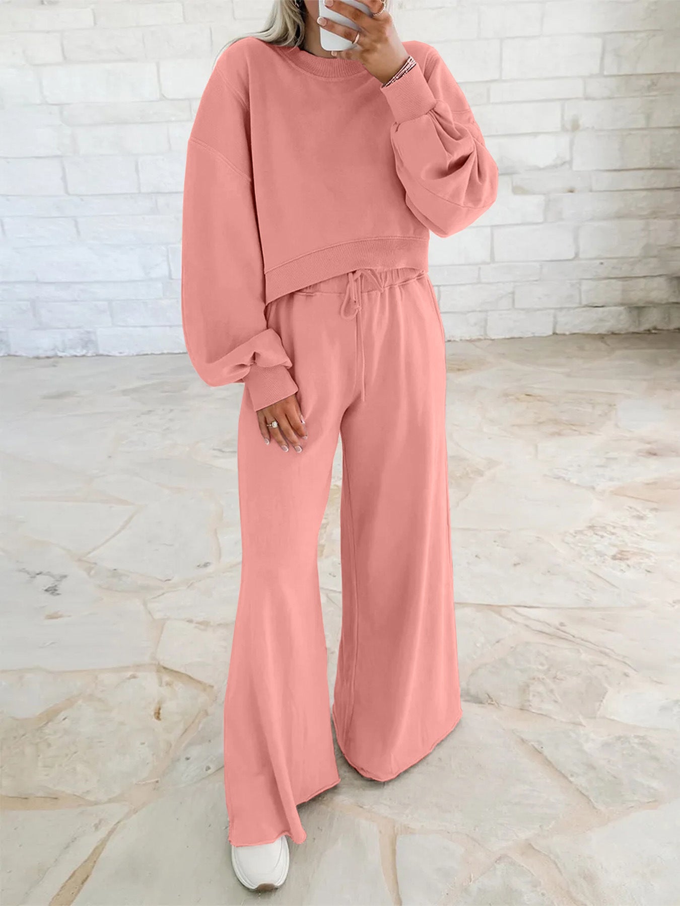 Women's Drop Shoulder Puff Sleeve Pullover Sweatshirt Suits