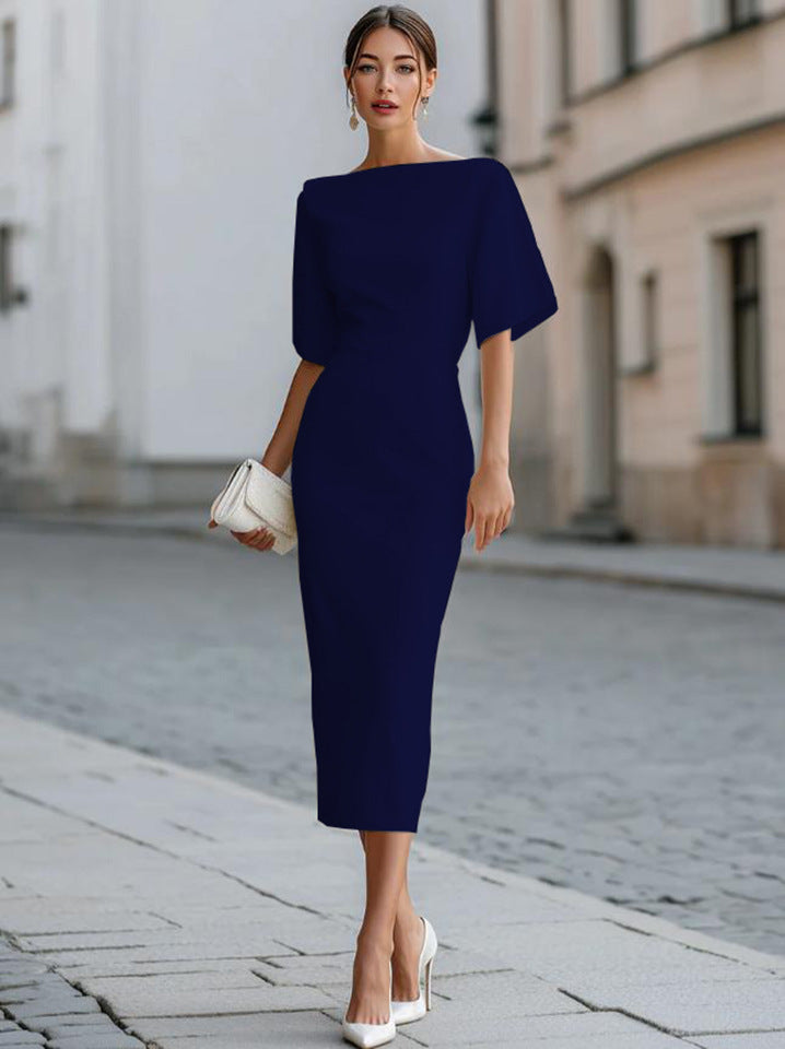 Women's Color Round Neck Shirt With Half Sleeve Elegant Dress
