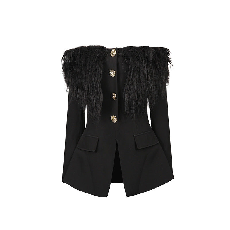 Women's French Style Feather Metal Buckle Decoration Slimming Suits