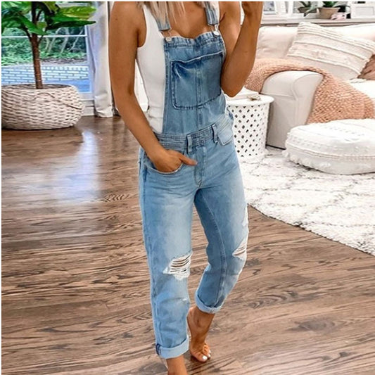 Women's Suspender Trousers Ripped Washed Slim Fit Jumpsuits