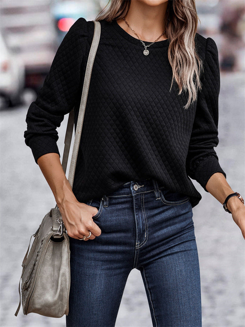 Women's Plaid Puff Sleeve Comfort Casual Women's Sweater, Sweater