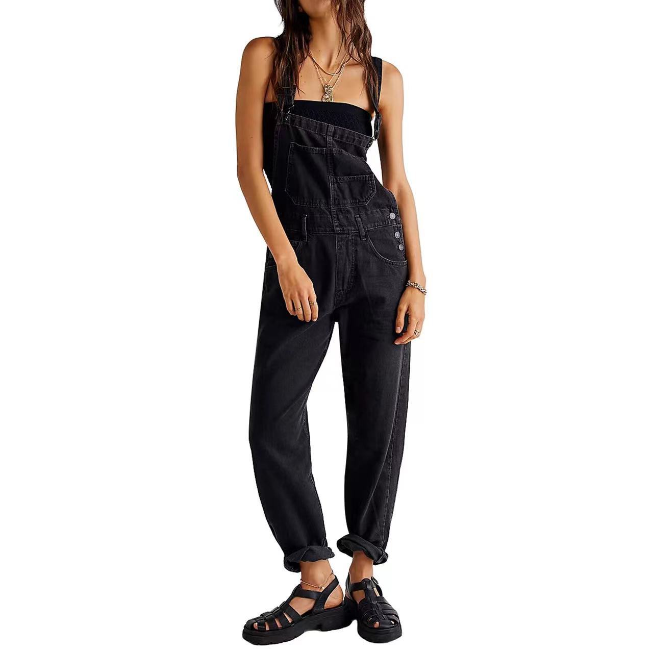Women's Casual Loose Wash Pocket Strap Denim Jumpsuits