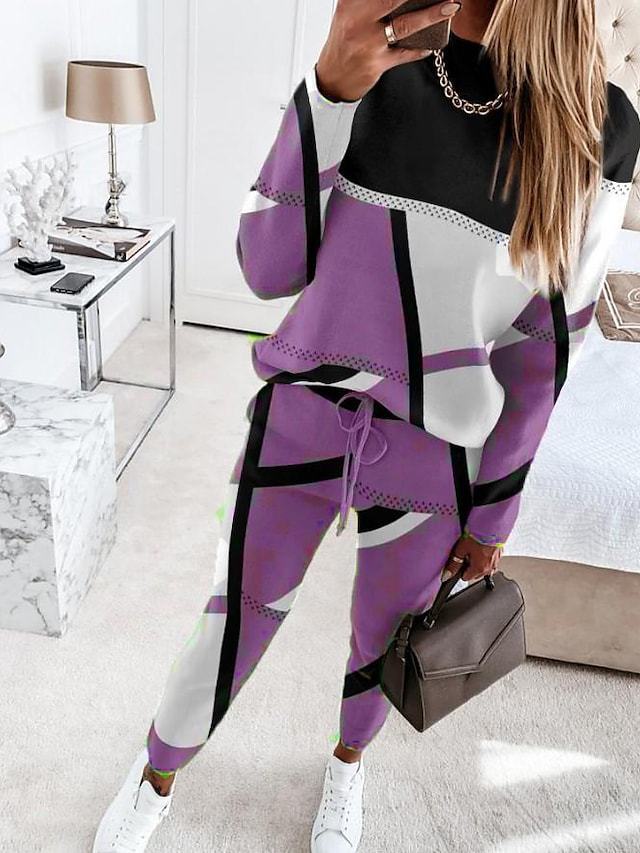 Women's Two-piece Printing Color Contrast Long Sleeve Suits