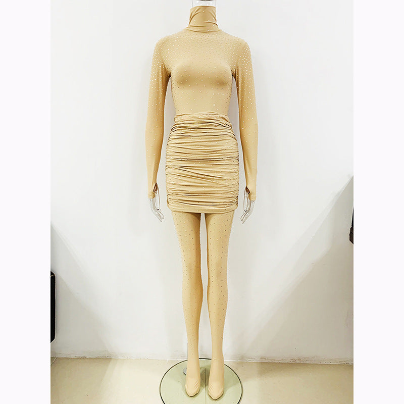 Rhinestone Stretch Turtleneck Bottoming Shirt Pleated Leggings