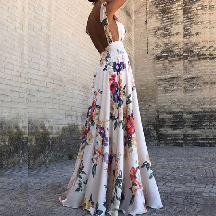 Women's Clothes Exposed Back Printed Large Swing Sleeveless Dress