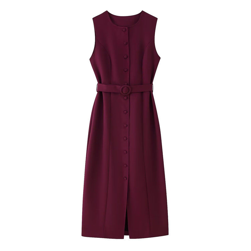 Women's Summer Round Neck Single-breasted Waistband Sleeveless Dresses