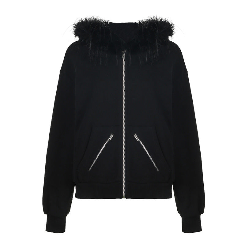 Style Vintage Zipper Pocket Fur Collar Sweaters