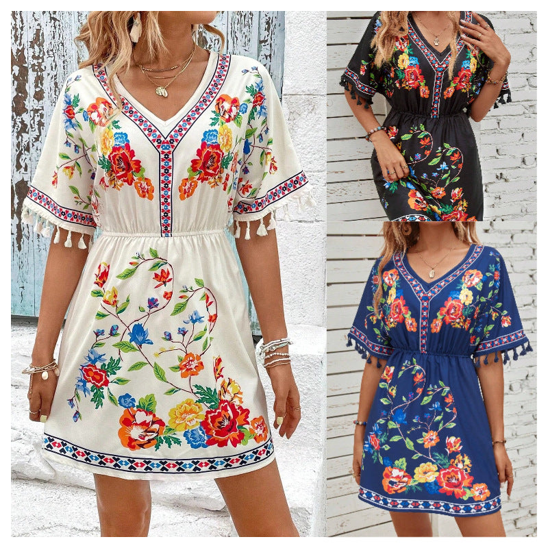 Bohemian Retro Ethnic Style Tassel Print Dress