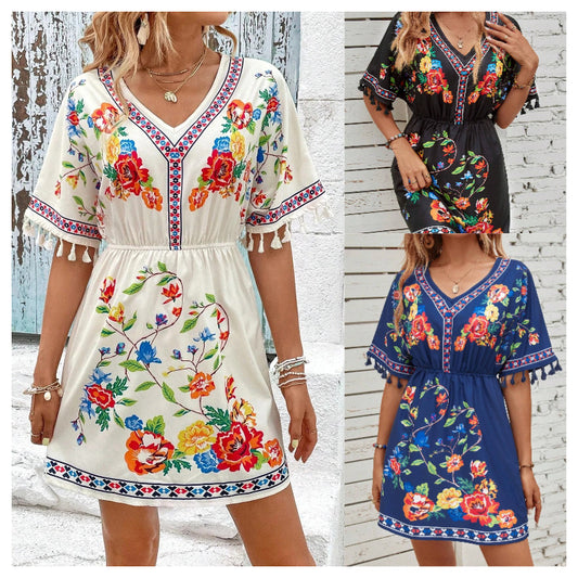 Bohemian Retro Ethnic Style Tassel Print Dress
