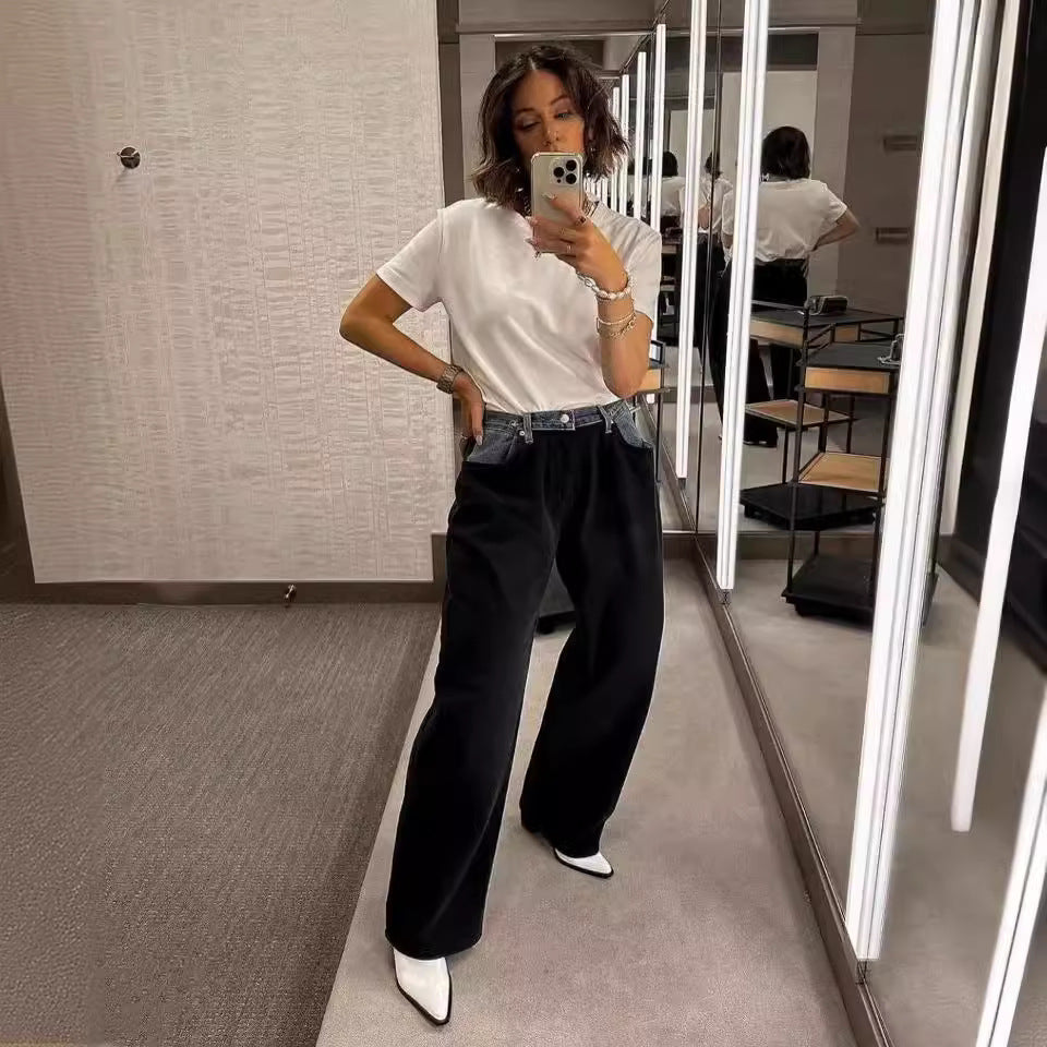 Women's Style American Adjustable High Waist Stitching Design Jeans