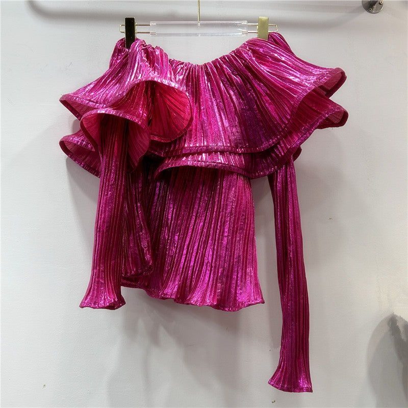 Women's French Style Fashion Shiny Surface Pleated Blouses