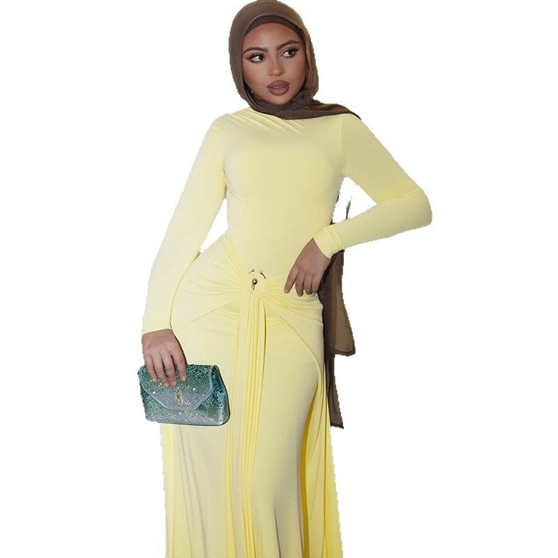 Pure Color Round Neck Long Sleeve Decoration Buckle Dress
