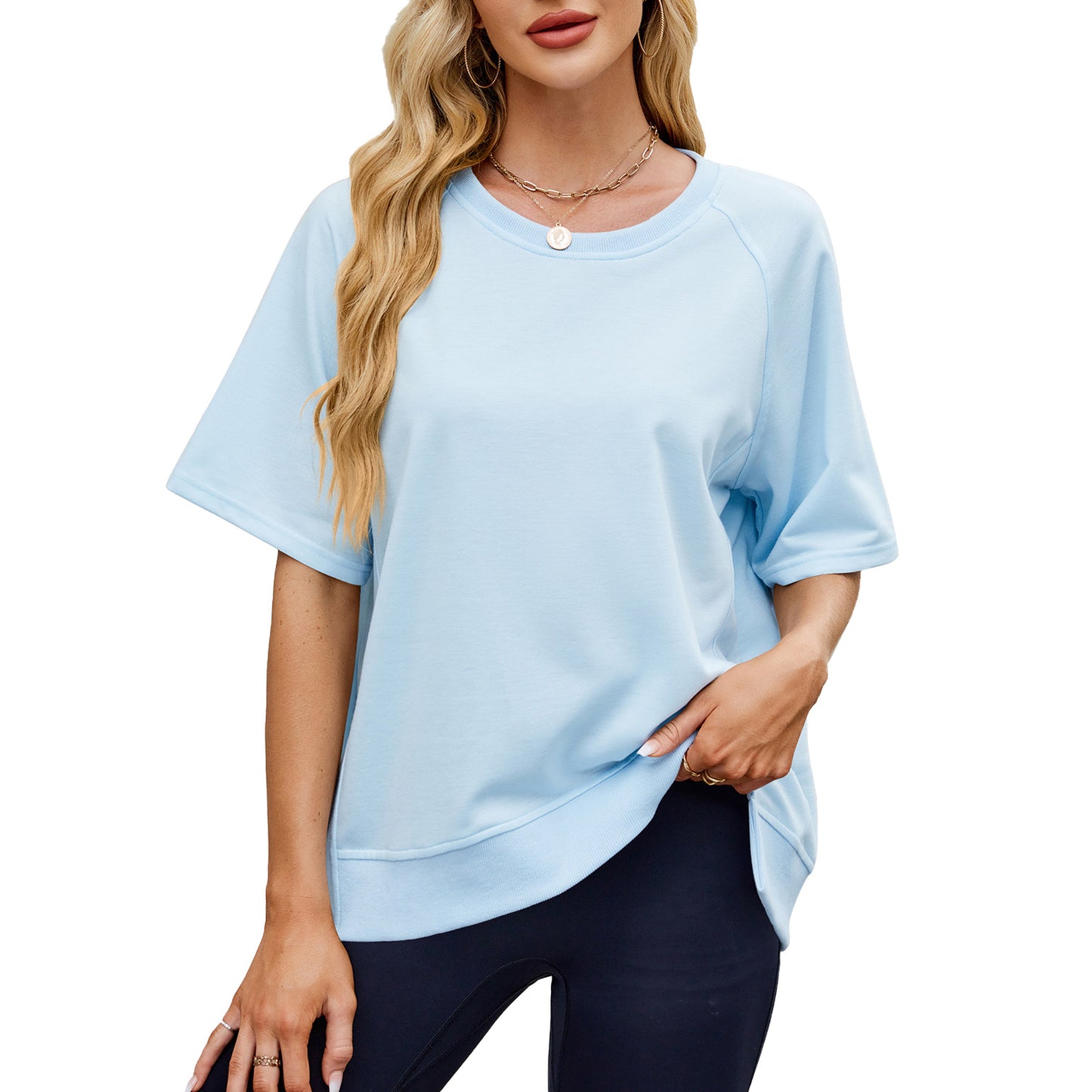 Women's Solid Color Thread Round Neck Shirt With Half Sleeve Shorts