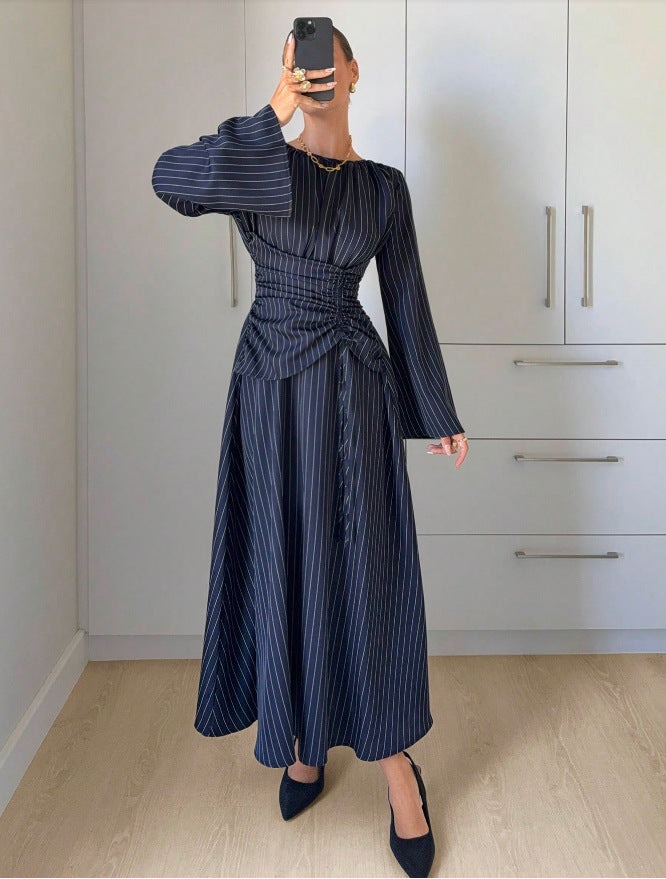 Vertical Stripes Long Sleeve Round Neck Pleated Nipped Waist Slimming Dress