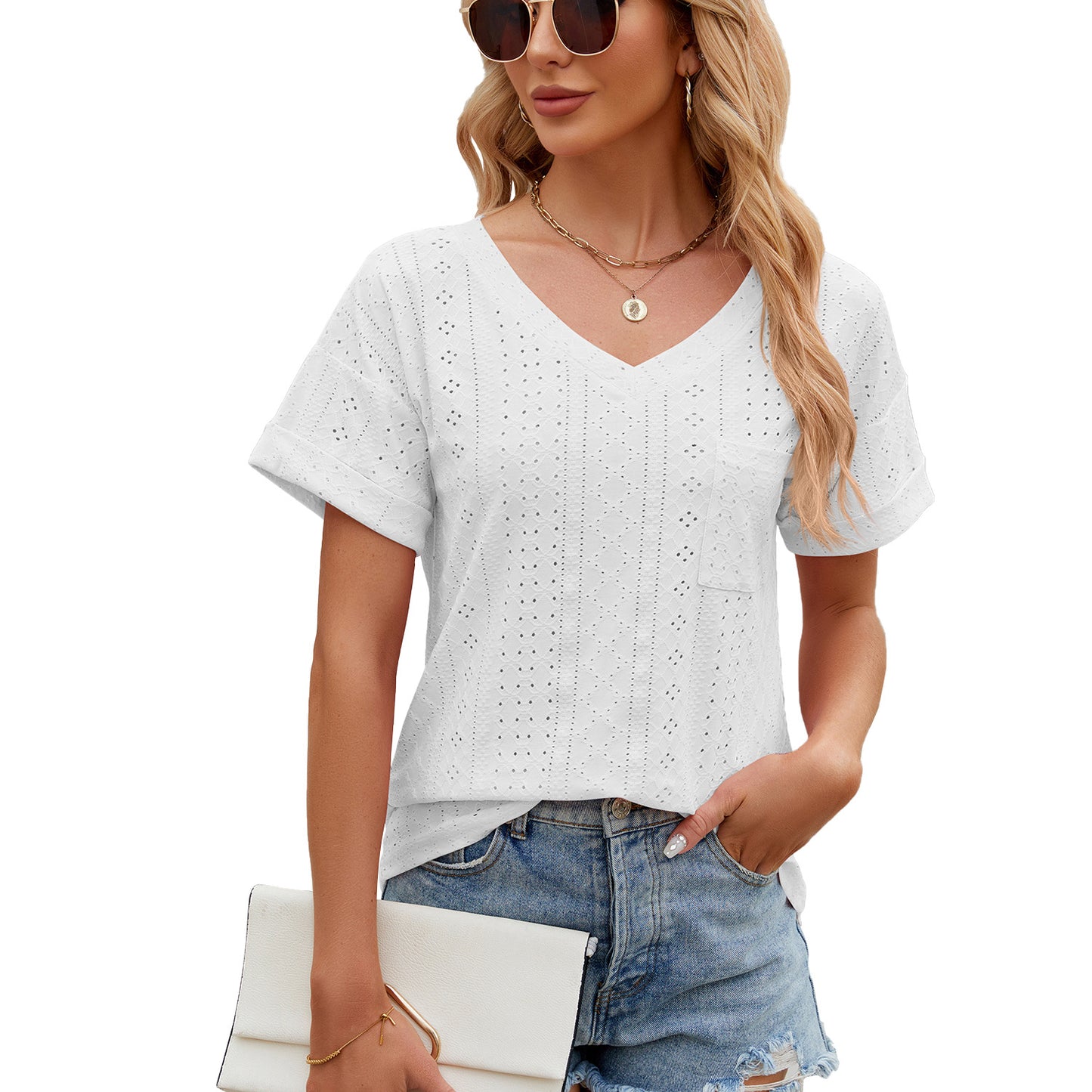 Solid Color Pocket Loose Sleeve Ladies Women's T-shirt