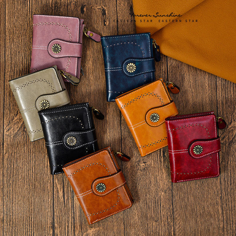 Women's Oil Leather Retro Short Zipper Hollow Ladies Wallets