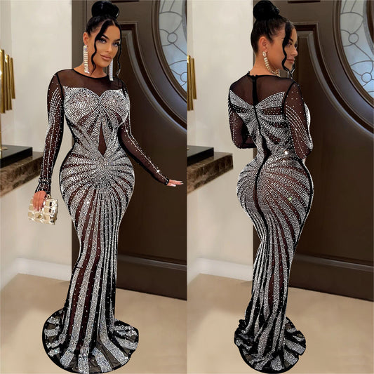 Women's Wear Pure Color Mesh Rhinestone Long Dresses