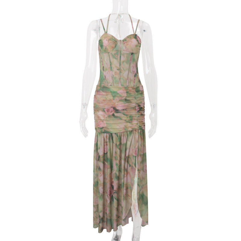 Women's Design Sense Lace Printing Slim Fit Pleated Side Dresses
