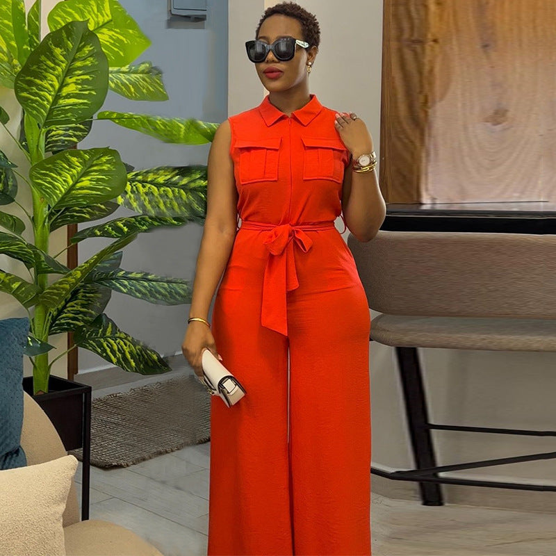 Women's Spring Lapel Pocket Waist Trimming Loose Jumpsuits