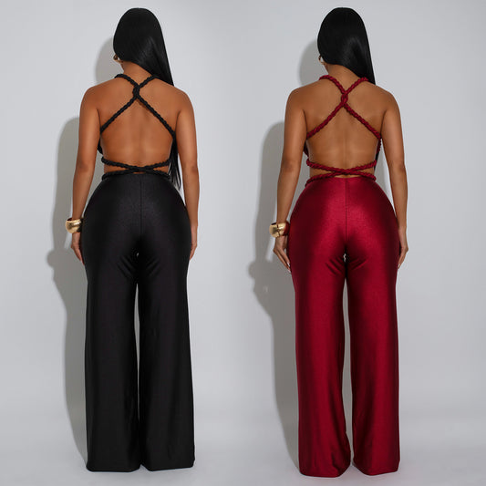 Women's Fashion Wear Solid Color Sexy Bandeau Backless Jumpsuits