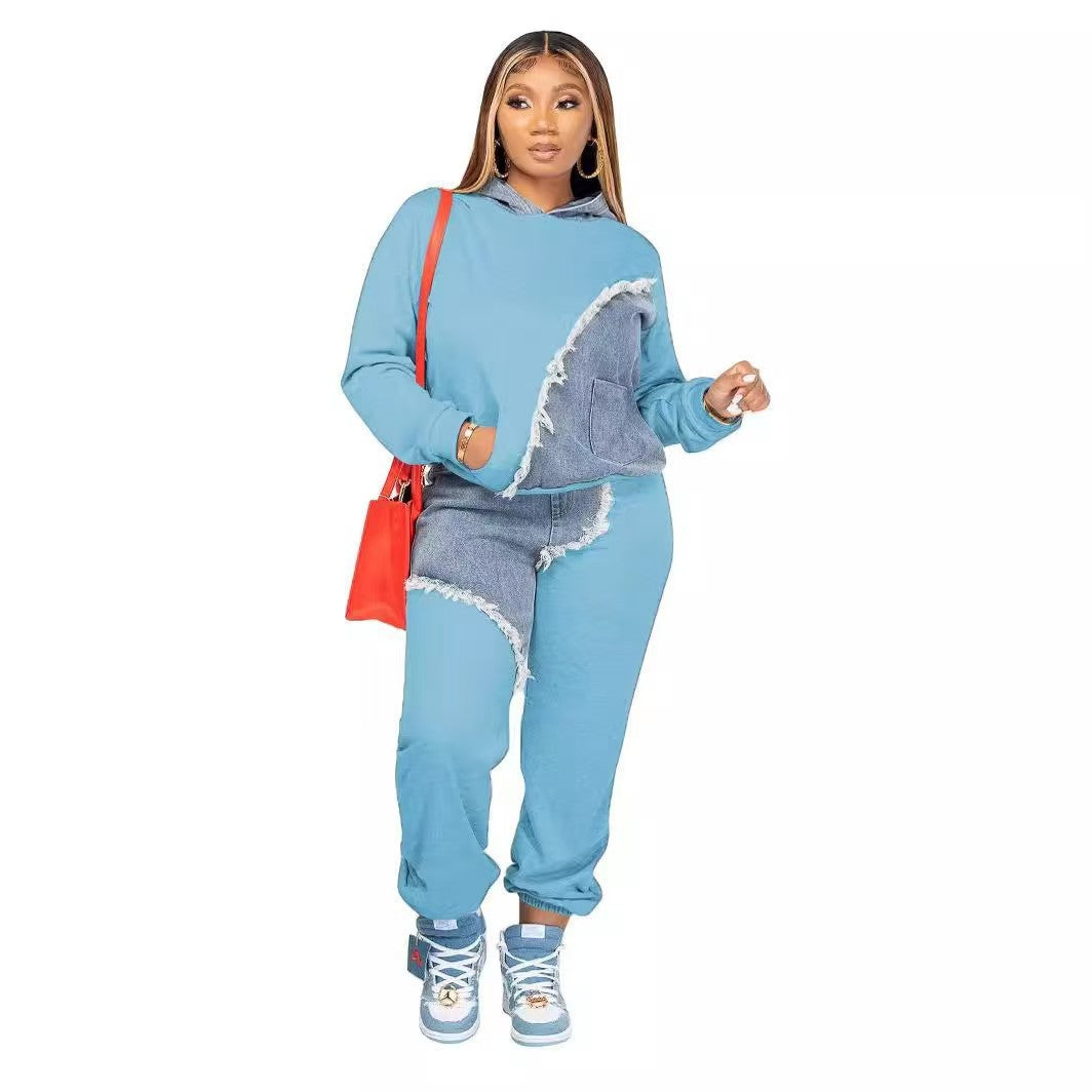 Women's Sports Fashion Casual Denim Stitching Hooded Suits