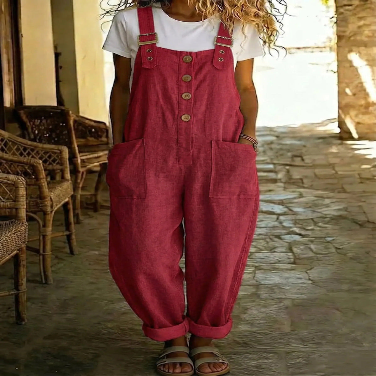 Women's Summer Linen Solid Color Retro Pocket Straight Women's Jumpsuit/clothing