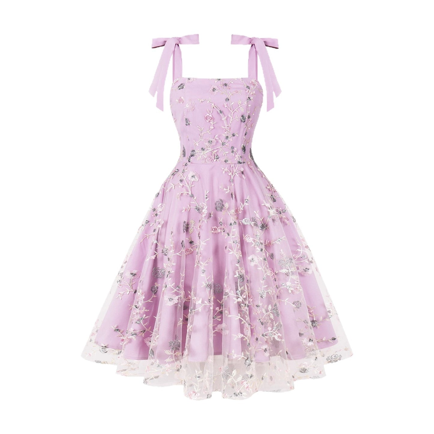 Women's Embroidered High Waist Hepburn Style Retro Spaghetti Dresses