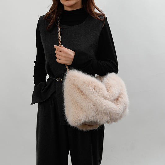 Women's Fashion Pleated Imitation Fox Fur Large Shoulder Bags