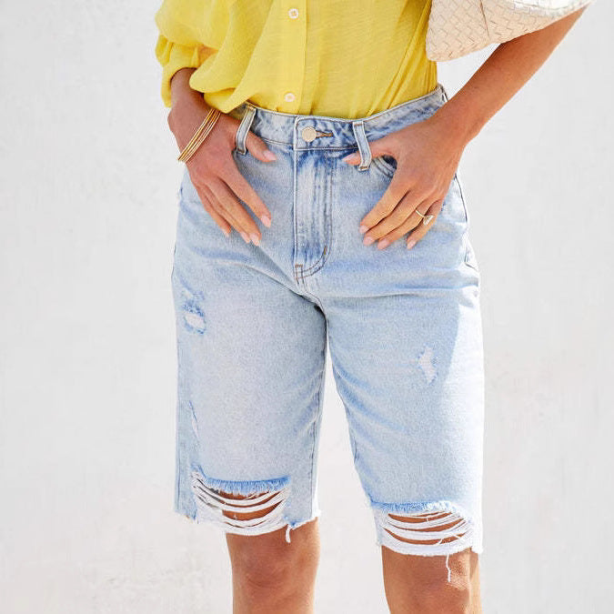 Women's Loose Mid Waist Cropped Ripped Women's Jeans