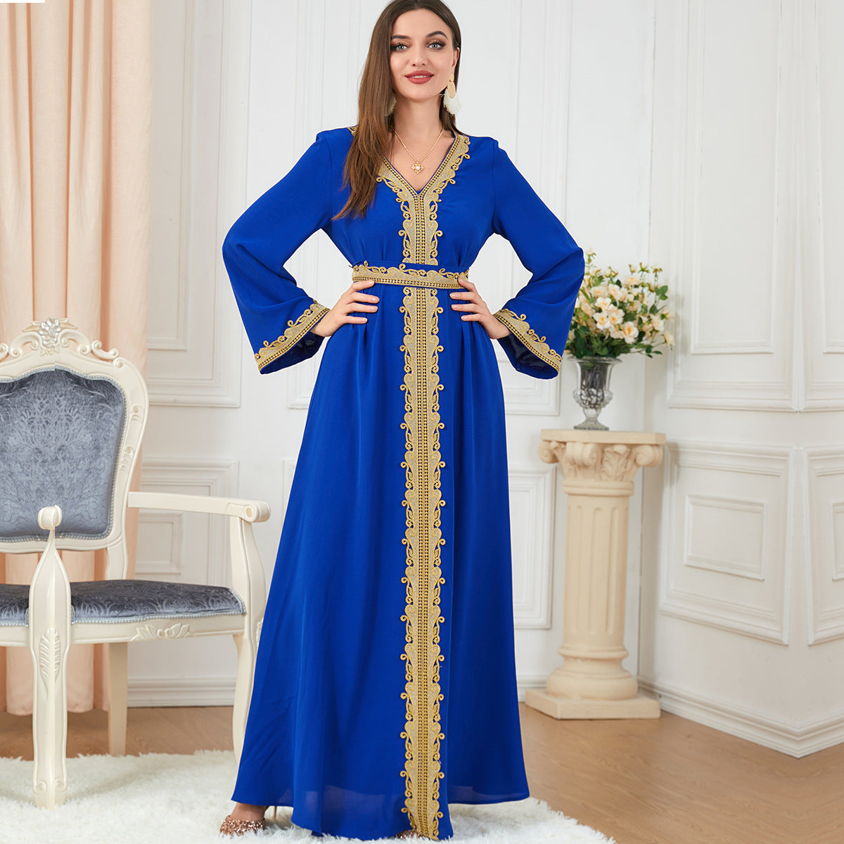 Women's Color Stitching Basic Loose Embroidery Long Dresses