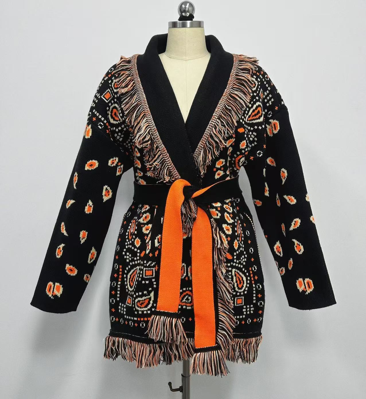 Women's Thick Tassel Jacquard Mid-length Loose Color Matching Sweaters