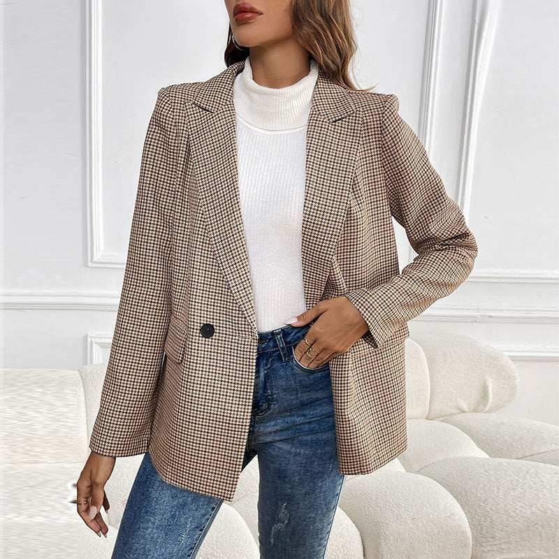 Classic Plaid Button Lapel Pocket Commuter Blazers