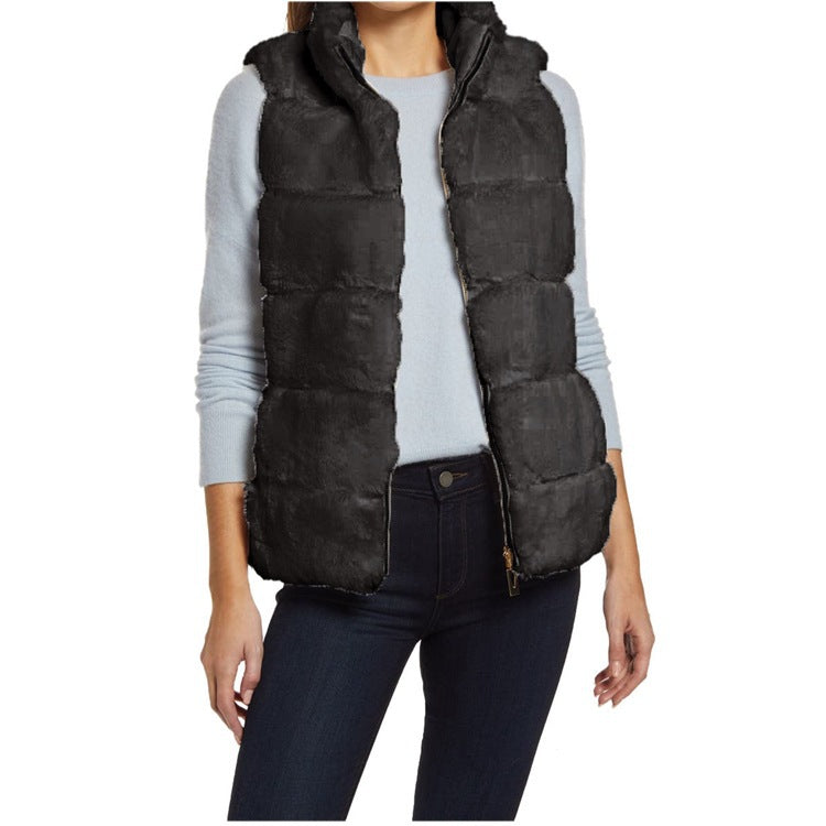 Women's Large Solid Color Stand Collar Plush Imitation Women's Vest