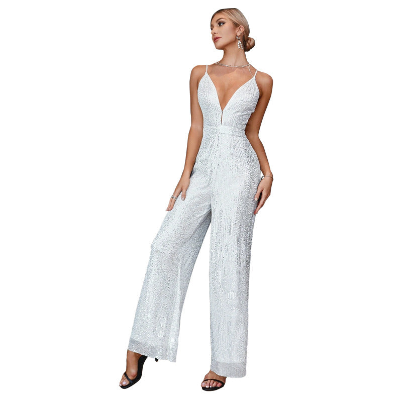 Women's Sequined Sleeveless Hot Deep Backless Sling Jumpsuits