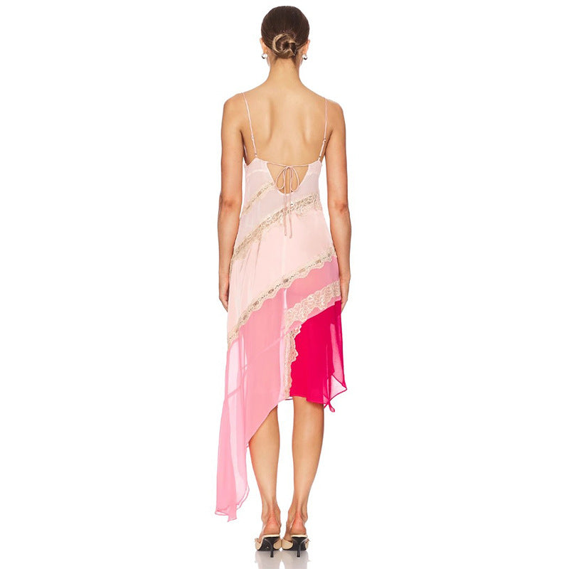 Stitching Pink Slim Fit Slimming Spaghetti Dresses