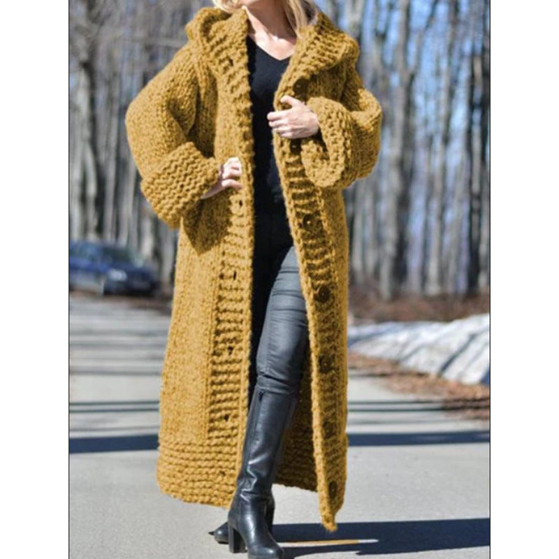 Women's Winter Hooded Single-breasted Solid Color Knitted Sweaters
