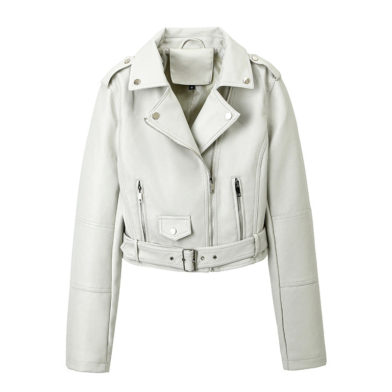 Women's Locomotive Style Leather Lapel Zipper Belt Jackets