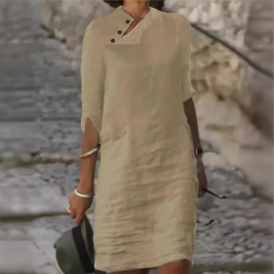 Casual Stand Collar Button Cotton Linen Solid Dress