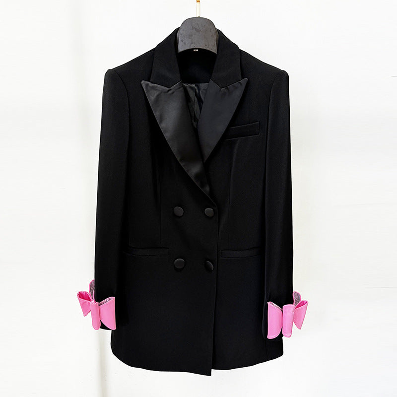 Fashion Double Breasted Satin Collar Bow Small Suit