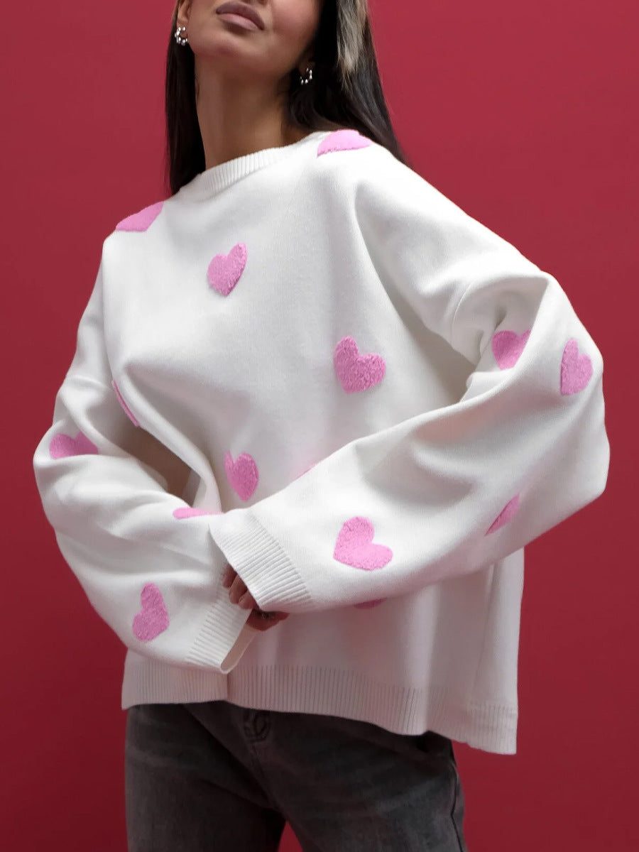 Women's Love Embroidered Crew Neck Loose Casual Blouses