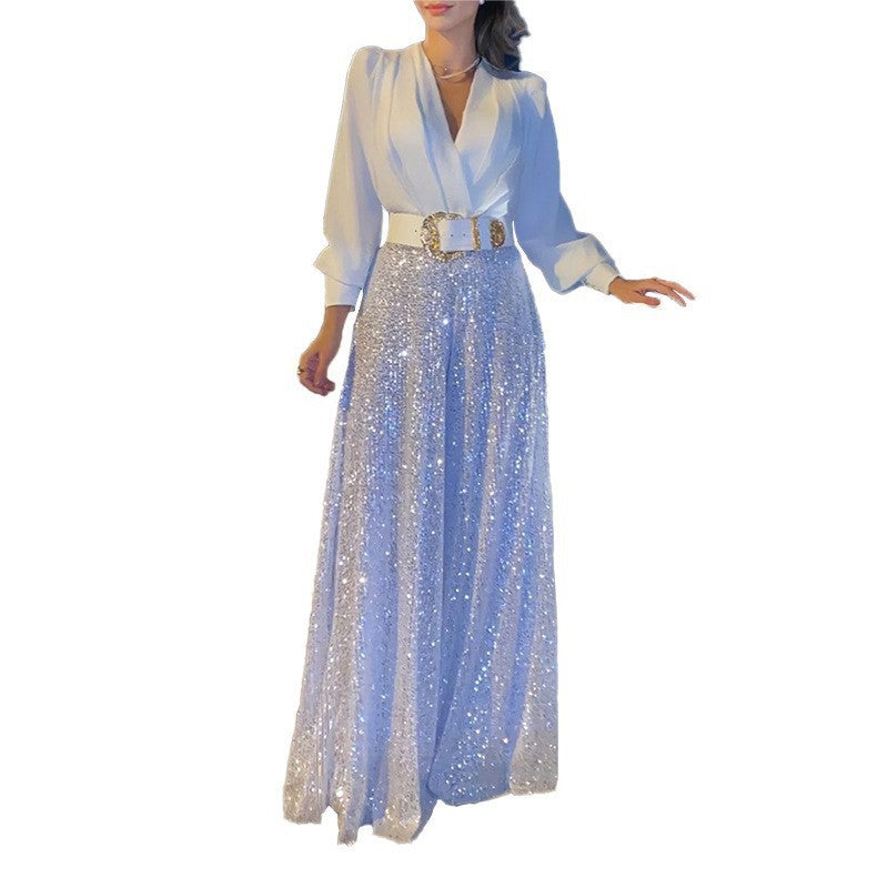 Women's Shirt Elegant Waist Slimming Sequined Wide Women's Jumpsuit/clothing