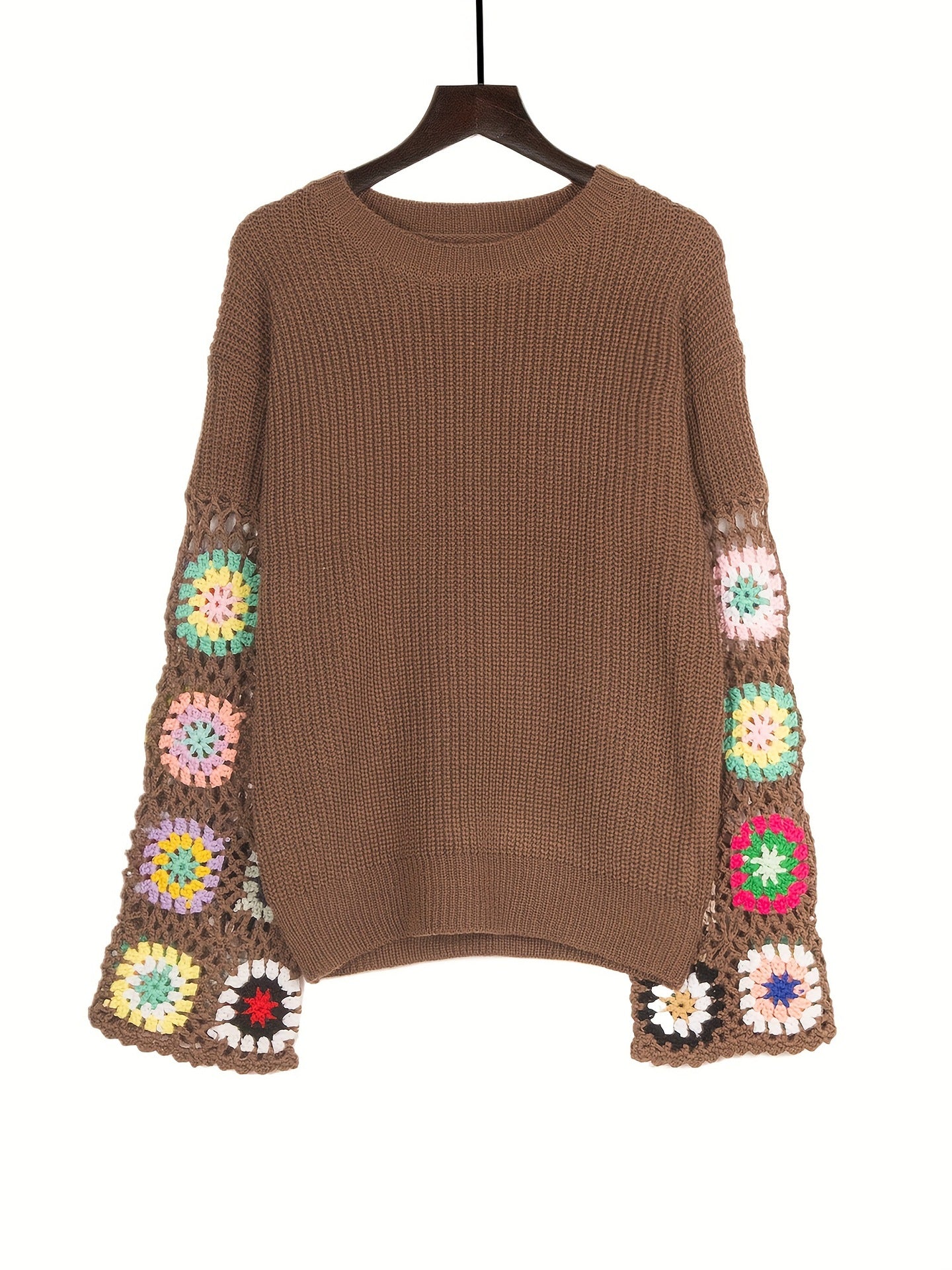 Women's Hollow Mixed Color Crocheted Round Neck Sweaters