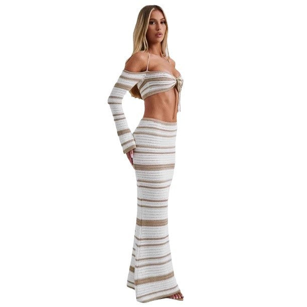 Women's Hot Summer Striped Long Sleeve Halter Two-piece Suits