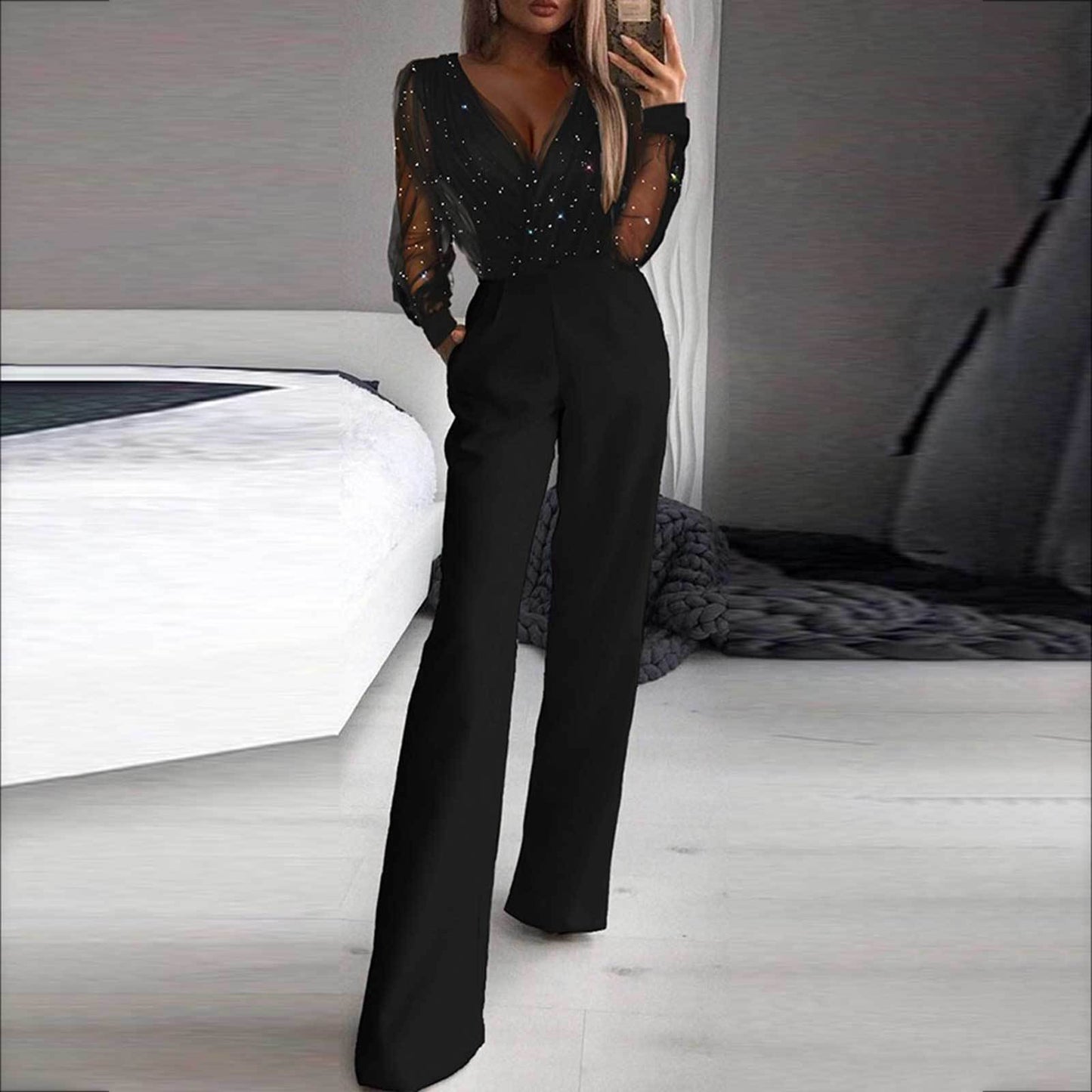 Women's Casual Mesh Dusting Powder Stitching Jumpsuits