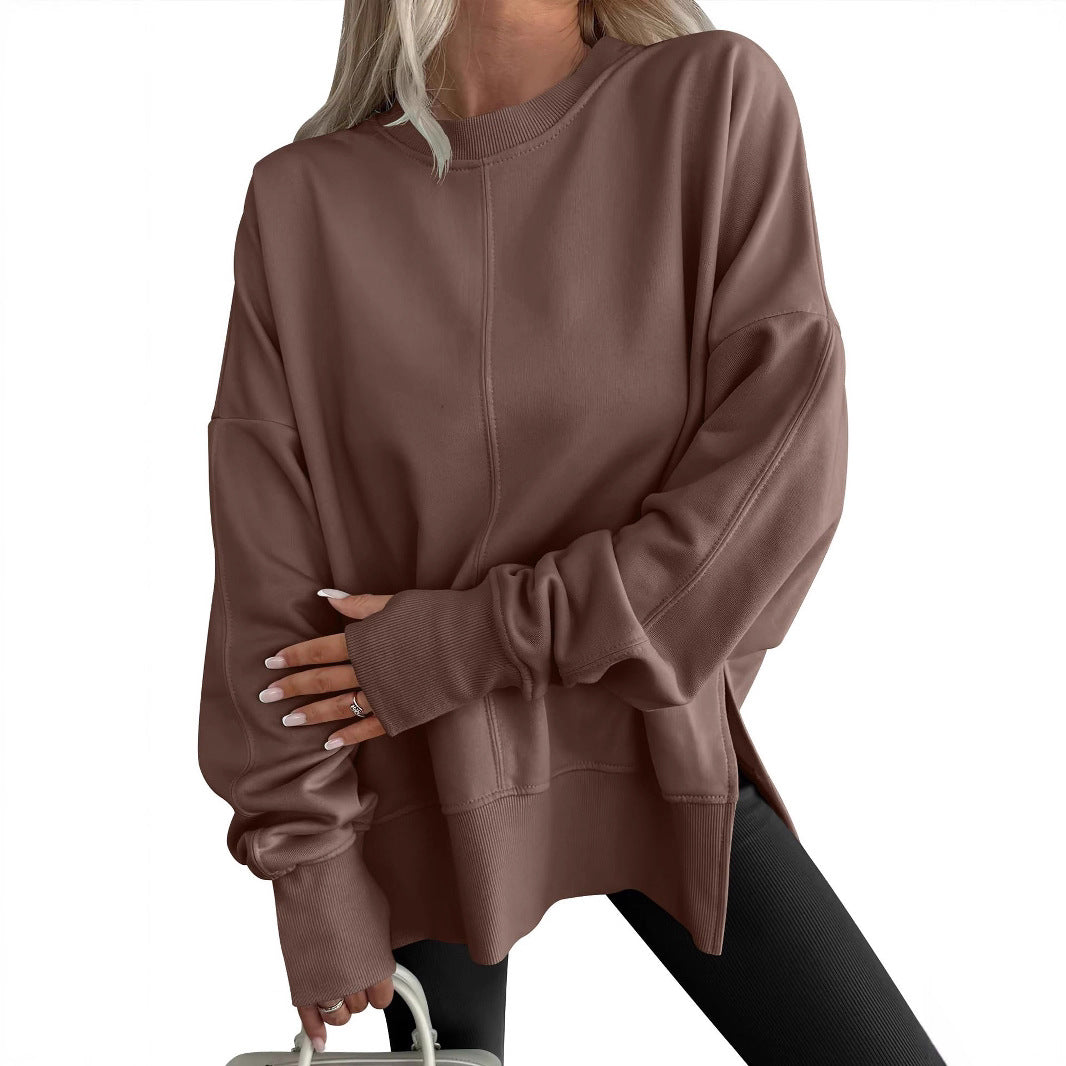 Loose Side Slit Patchwork Round Neck Bat Sleeve Sweaters