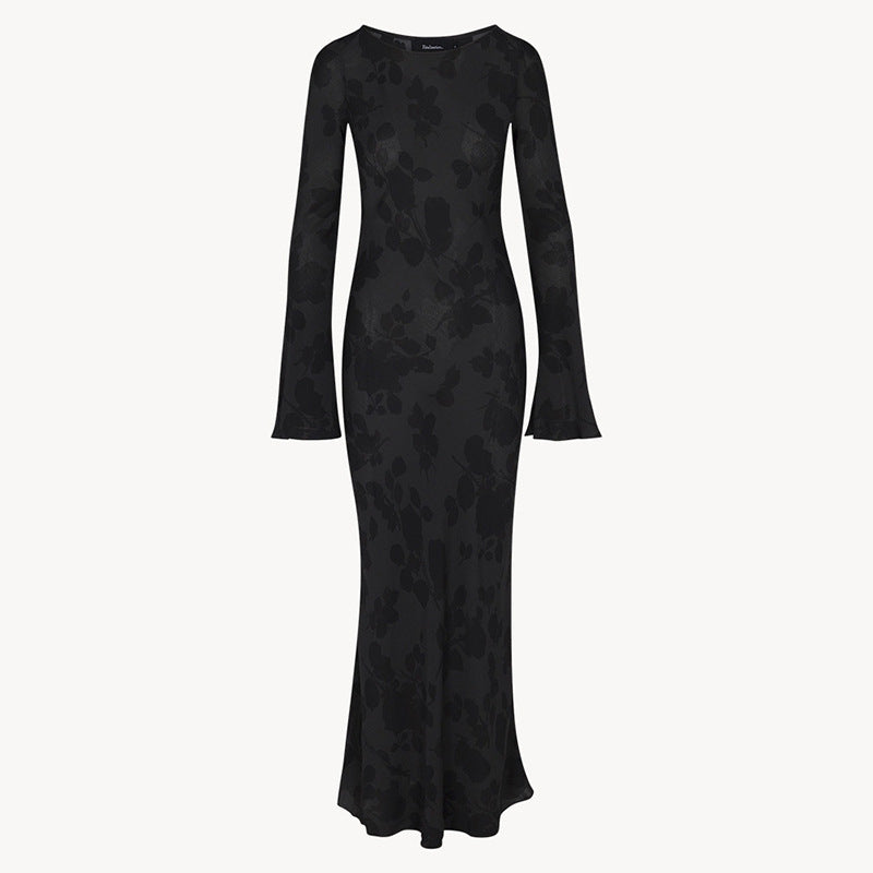 Women's Printed Black Silk Blue Long Sleeve Dresses